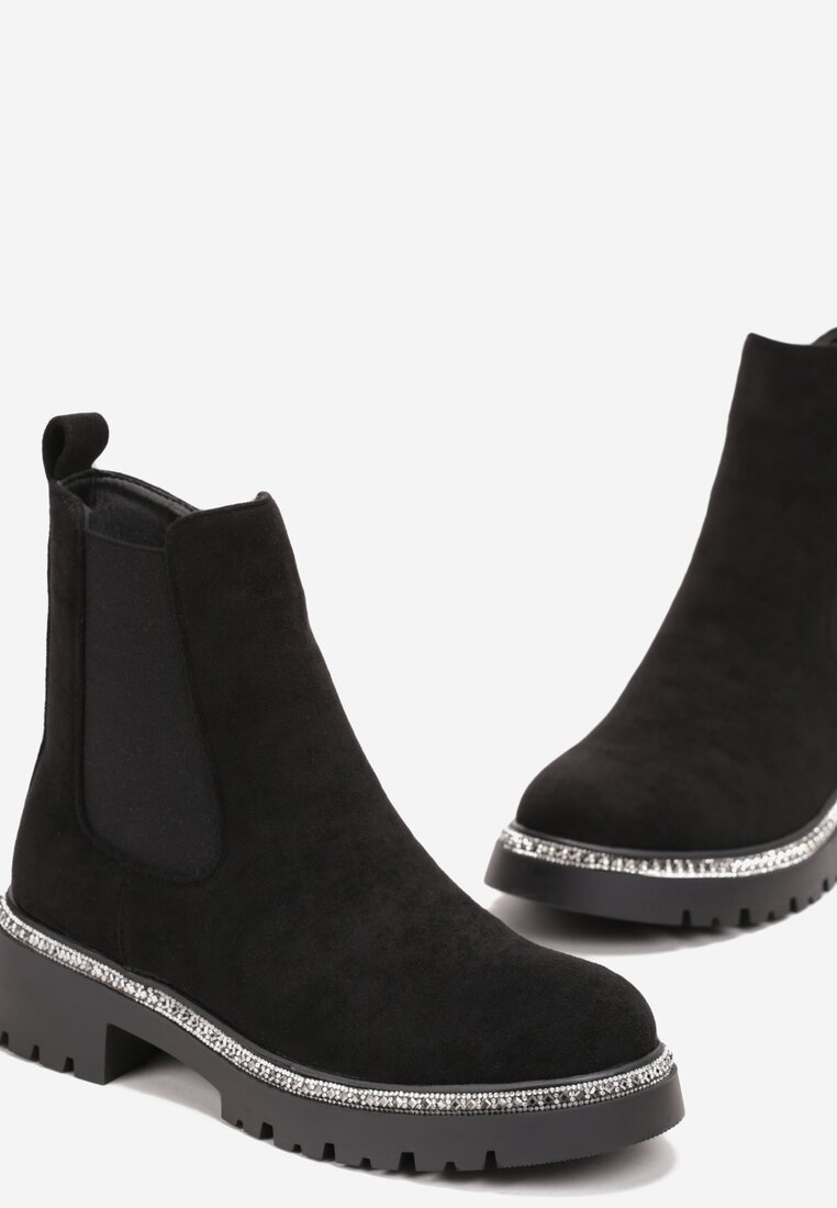 Czarne Botki w Stylu Sztybletów z Cyrkoniami Wokół Podeszwy Exosia