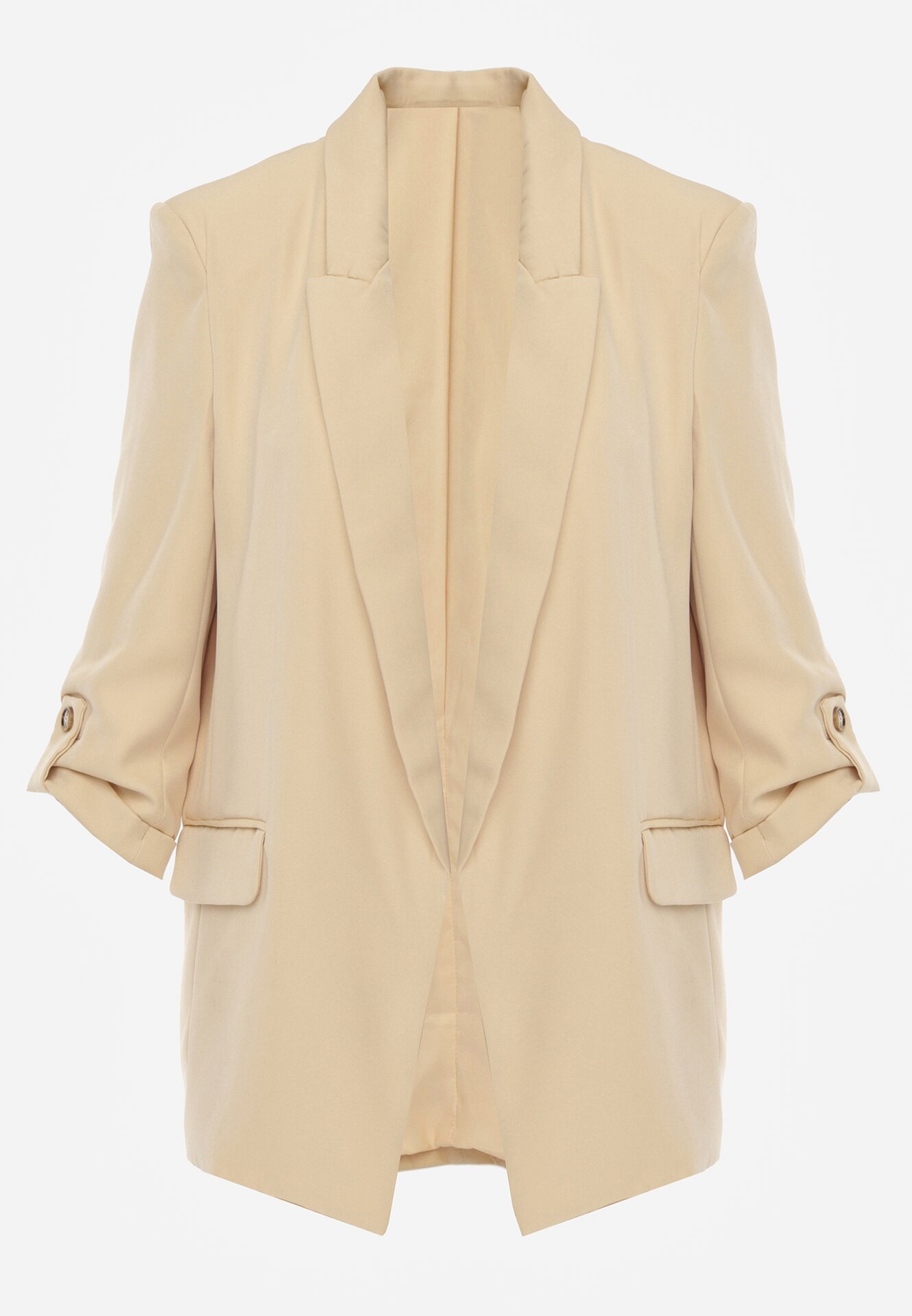 Beżowa Marynarka Niezapinana z Kieszeniami i Rękawami 3/4 Fllavia