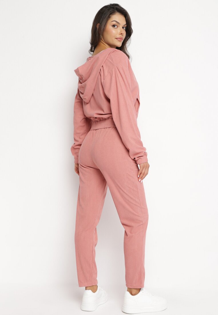 Różowy 2-częściowy Prążkowany Komplet Dresowy z Bluzą i Spodniami Tuenna
