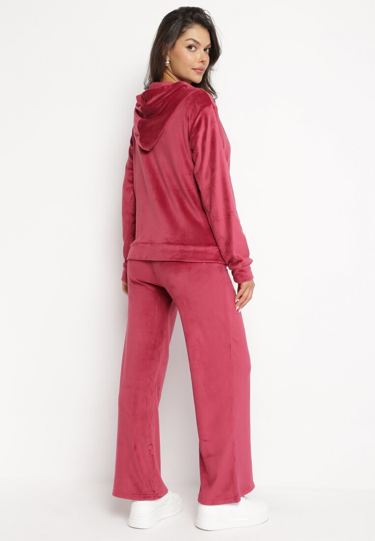 Czerwony Welurowy 2-Częściowy Komplet Dresowy Bluza i Szerokie Spodnie Nestelle