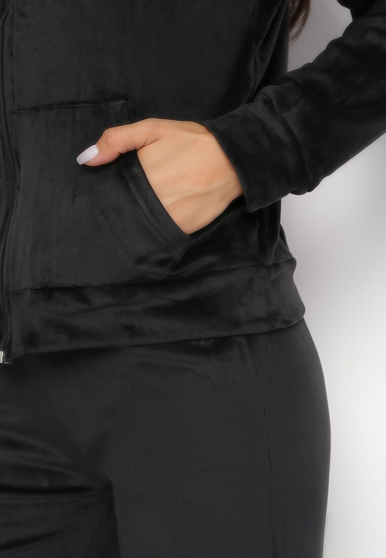 Czarny Welurowy 2-Częściowy Komplet Dresowy Bluza i Szerokie Spodnie Nestelle