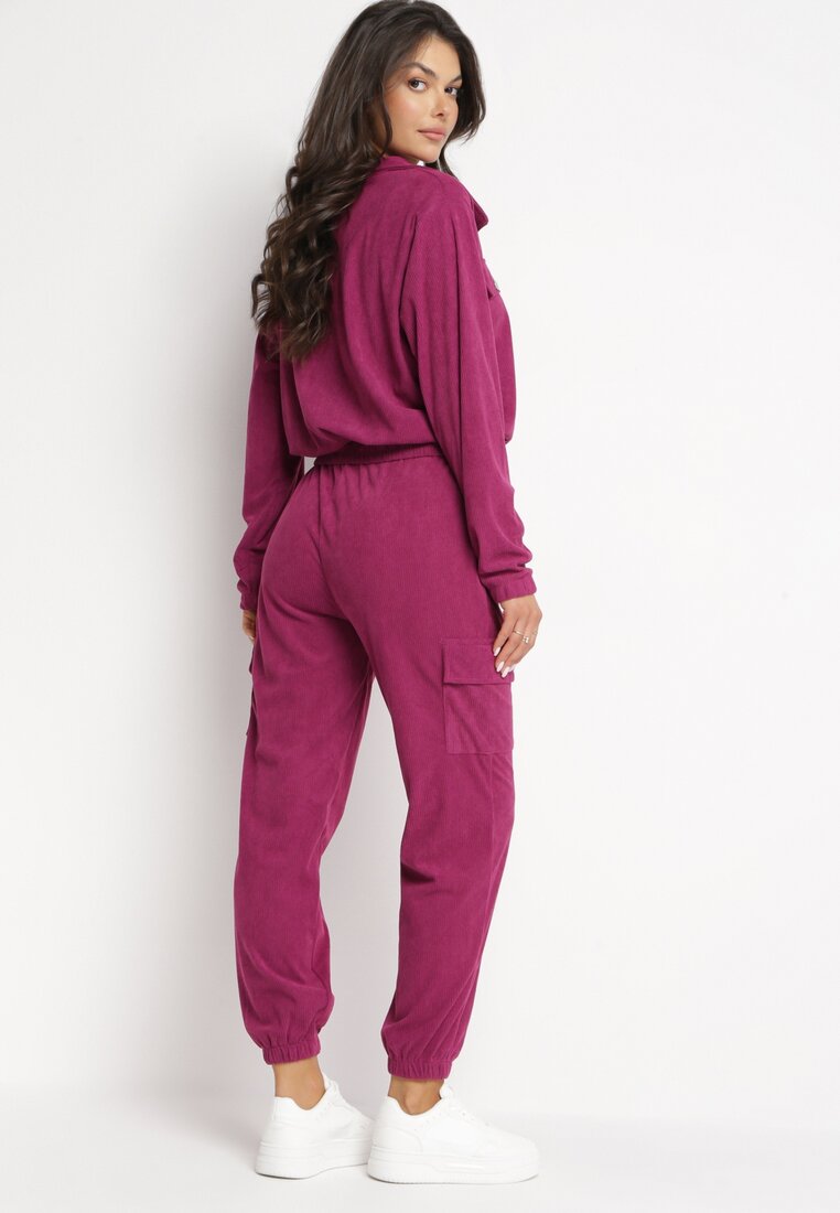 Fioletowy Komplet Casual Kurtka w Typie Bomber i Spodnie z Kieszeniami z Klapami Montese