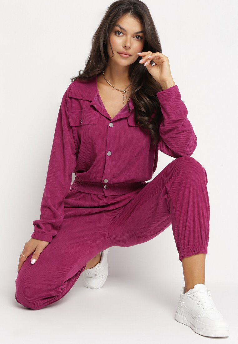 Fioletowy Komplet Casual Kurtka w Typie Bomber i Spodnie z Kieszeniami z Klapami Montese