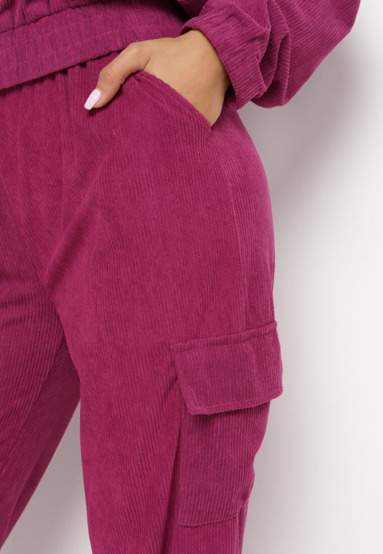 Fioletowy Komplet Casual Kurtka w Typie Bomber i Spodnie z Kieszeniami z Klapami Montese