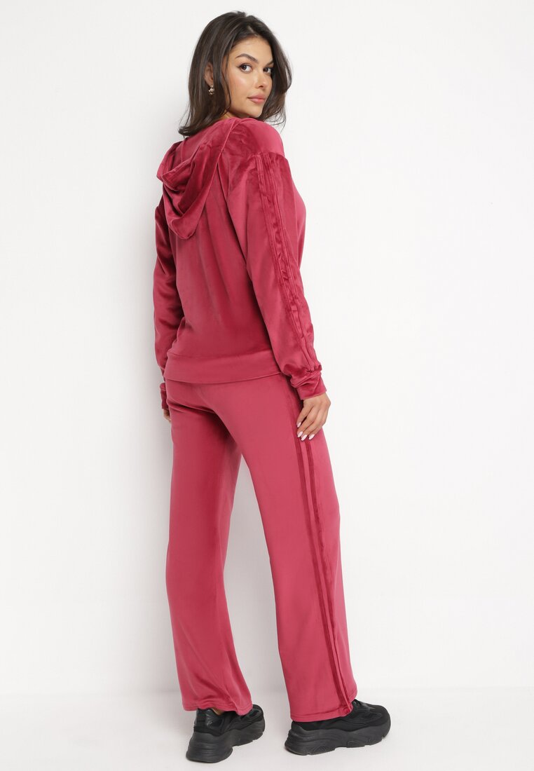 Czerwony Welurowy Komplet Dresowy Bluza z Kapturem i Szerokie Spodnie Denika