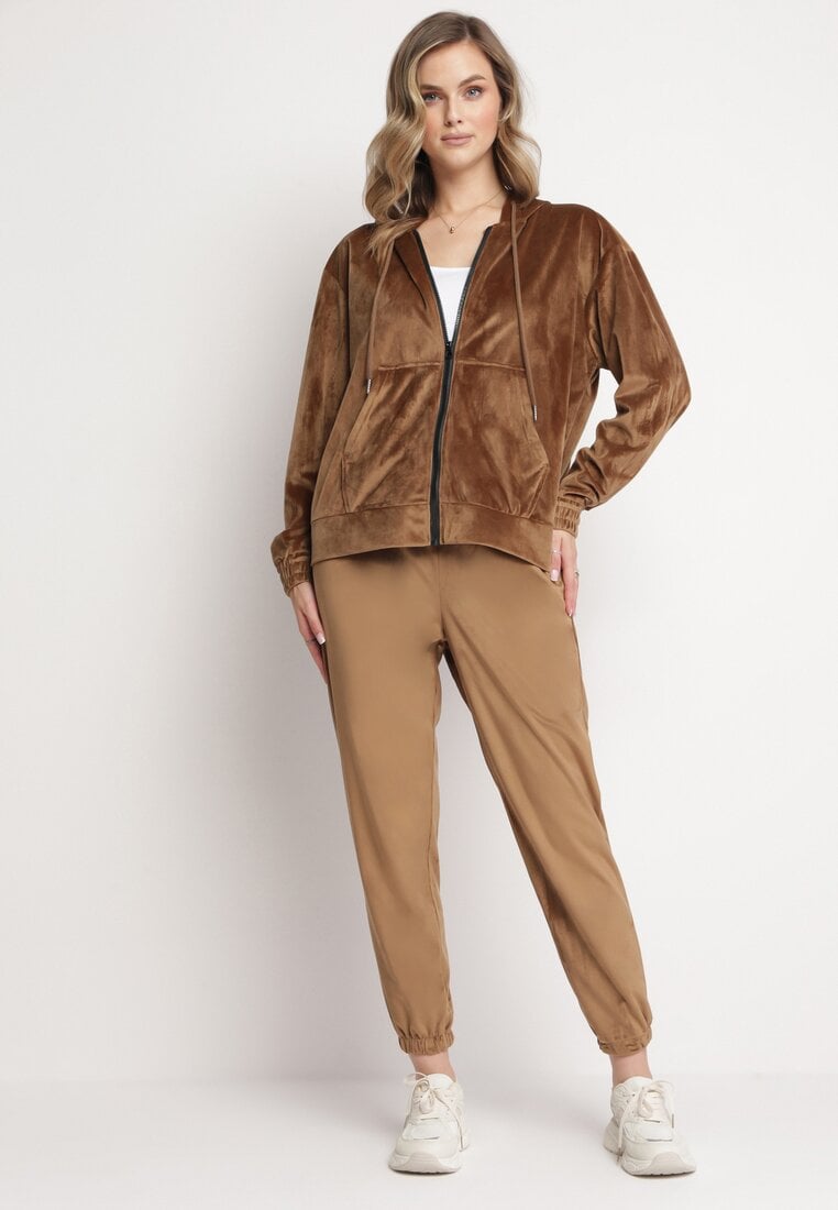 Brązowy 2-częściowy Komplet Dresowy z Welurowej Dzianiny z Bluzą i Spodniami Lagossa