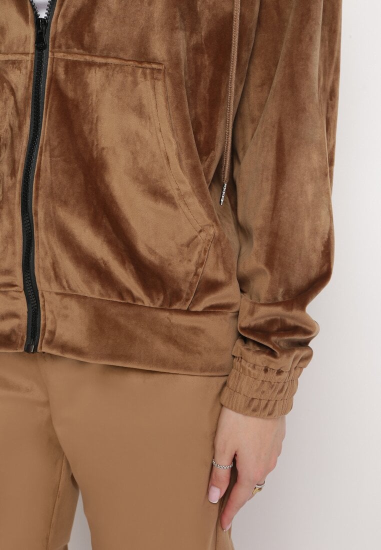 Brązowy 2-częściowy Komplet Dresowy z Welurowej Dzianiny z Bluzą i Spodniami Lagossa