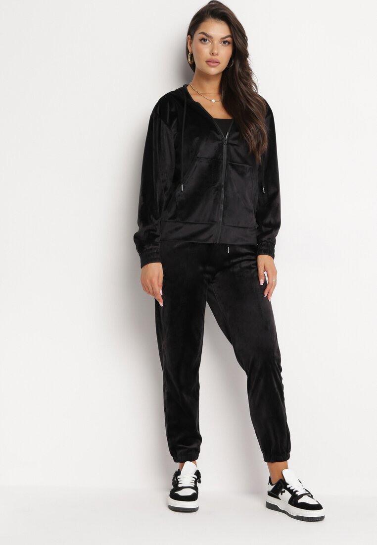 Czarny 2-częściowy Komplet Dresowy z Welurowej Dzianiny z Bluzą i Spodniami Lagossa