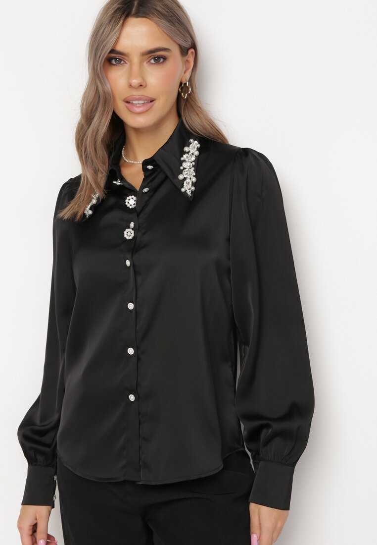 Czarna Koszula Vintage z Biżuteryjnymi Guzikami i Kryształkami Przy Kołnierzu Suttave