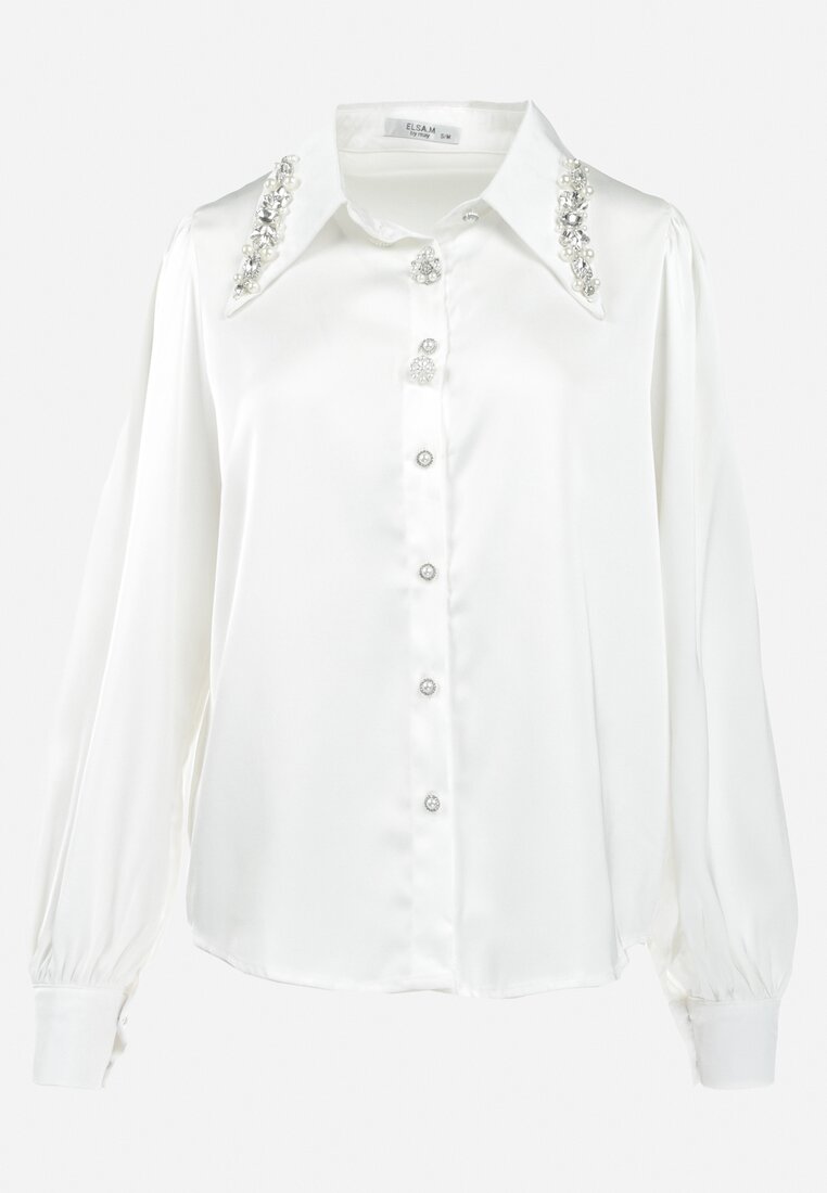 Biała Koszula Vintage z Biżuteryjnymi Guzikami i Kryształkami Przy Kołnierzu Suttave