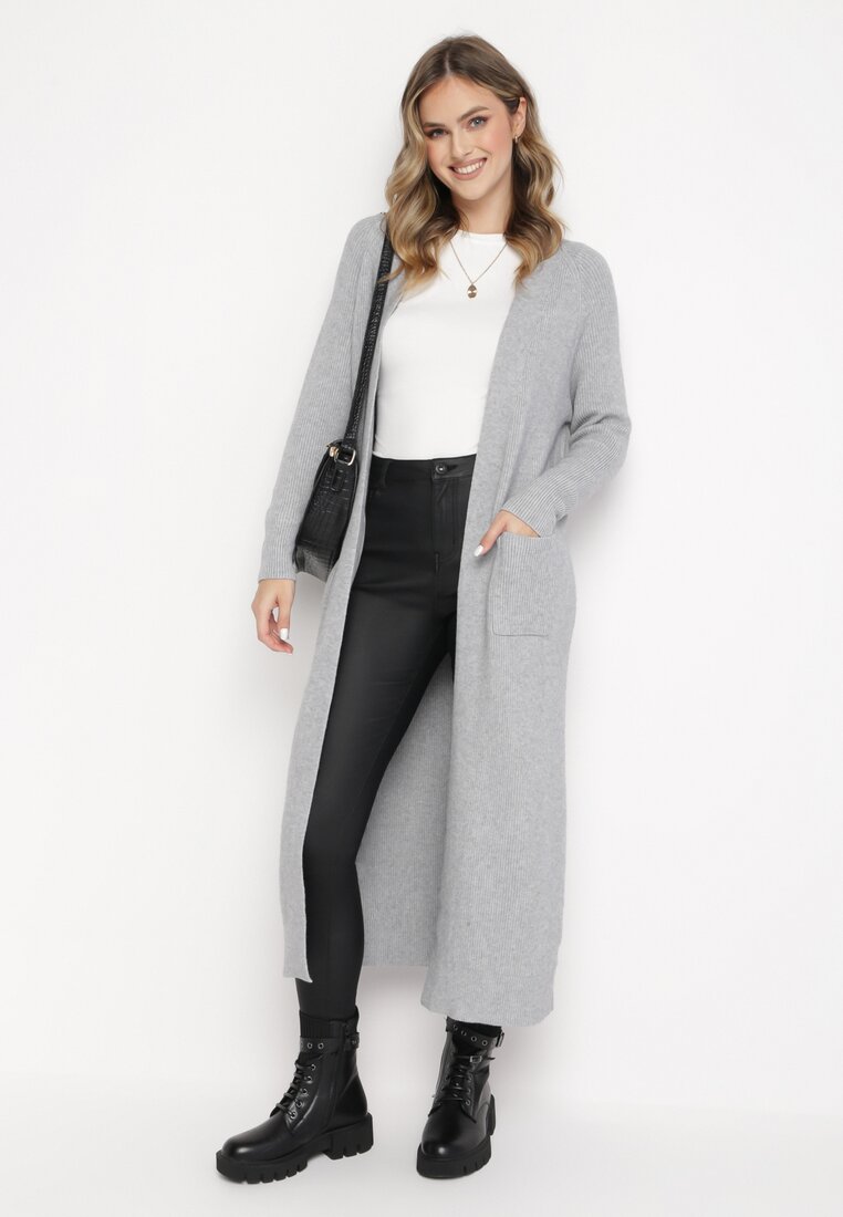 Jasnoszary Długi Kardigan Bez Zapięcia z Kieszeniami Ceddelia