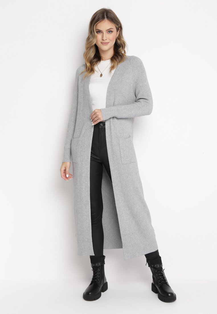 Jasnoszary Długi Kardigan Bez Zapięcia z Kieszeniami Ceddelia