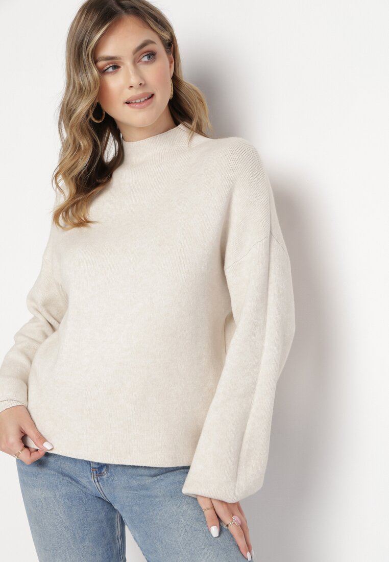Beżowy Gładki Sweter z Golfem Swenua