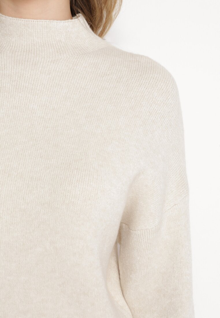 Beżowy Gładki Sweter z Golfem Swenua