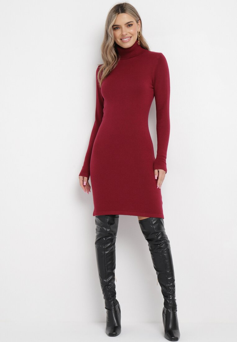 Bordowa Sukienka Midi z Golfem o Sweterkowym Fasonie Abdone