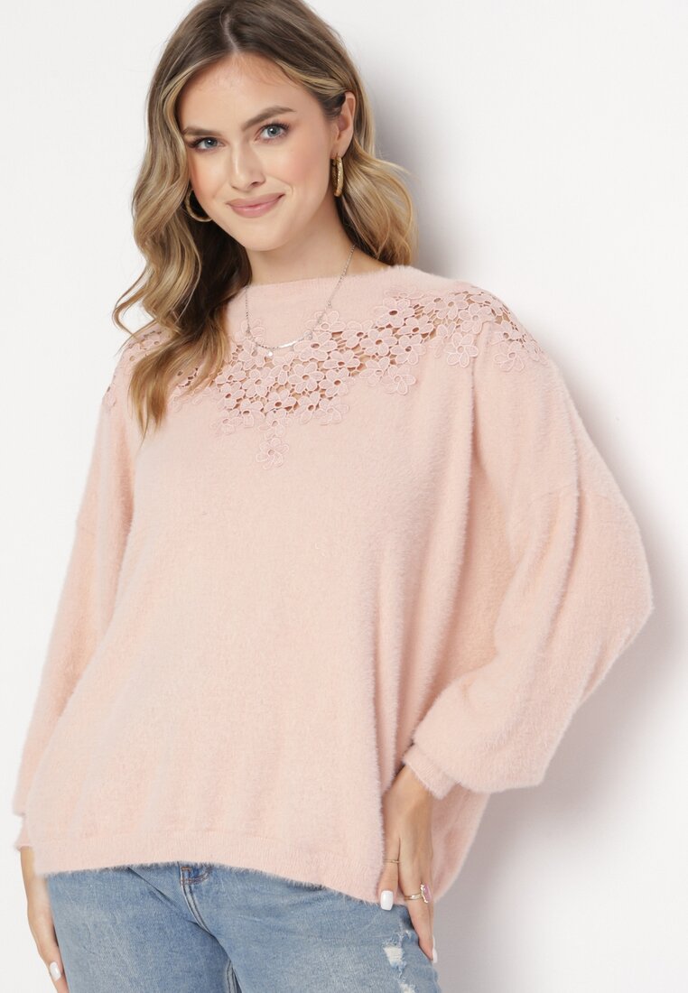 Różowy Sweter z Kaszmirem i Koronkową Wstawką Polidura