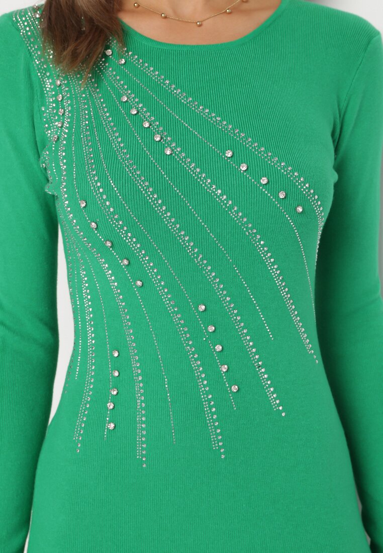 Zielona Dopasowana Sukienka Mini Ozdobiona Cyrkoniami Abercio