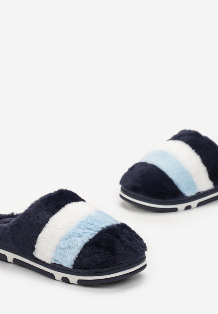 Granatowe Kapcie z Futerka w Szerokie Paski Pasqualina