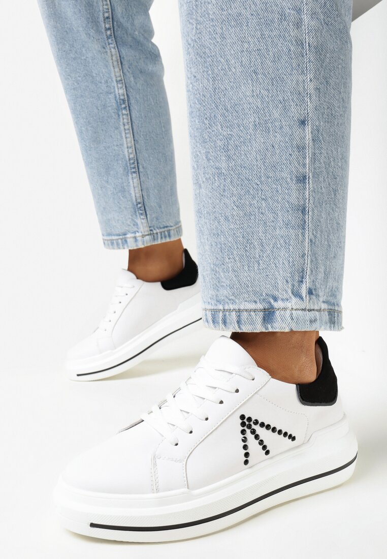 Biało-Czarne Sneakersy na Grubej Podeszwie w Cyrkonie Rizafine