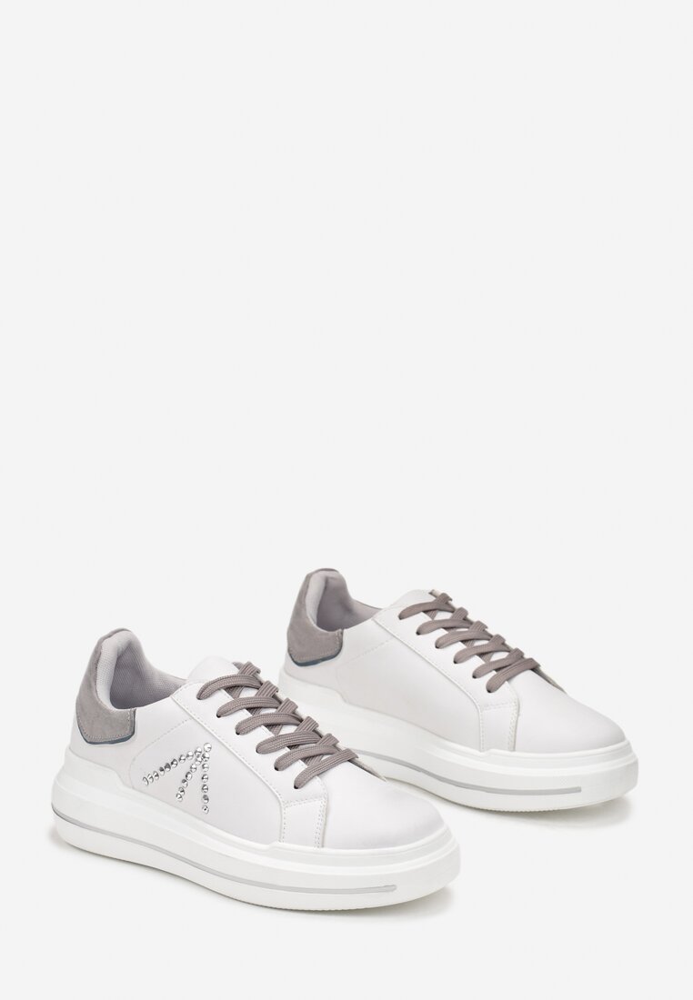Biało-Szare Sneakersy na Grubej Podeszwie w Cyrkonie Rizafine