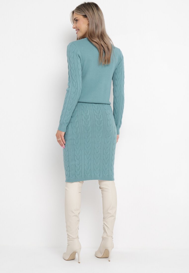 Zielony Komplet Dzianinowy z Kaszmirem ze Spódnicą i Swetrem Nunciata