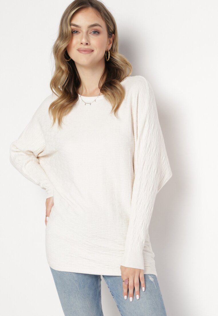 Jasnobeżowy Sweter z Wełną i Kaszmirem z Rękawami Typu Nietoperz Eines