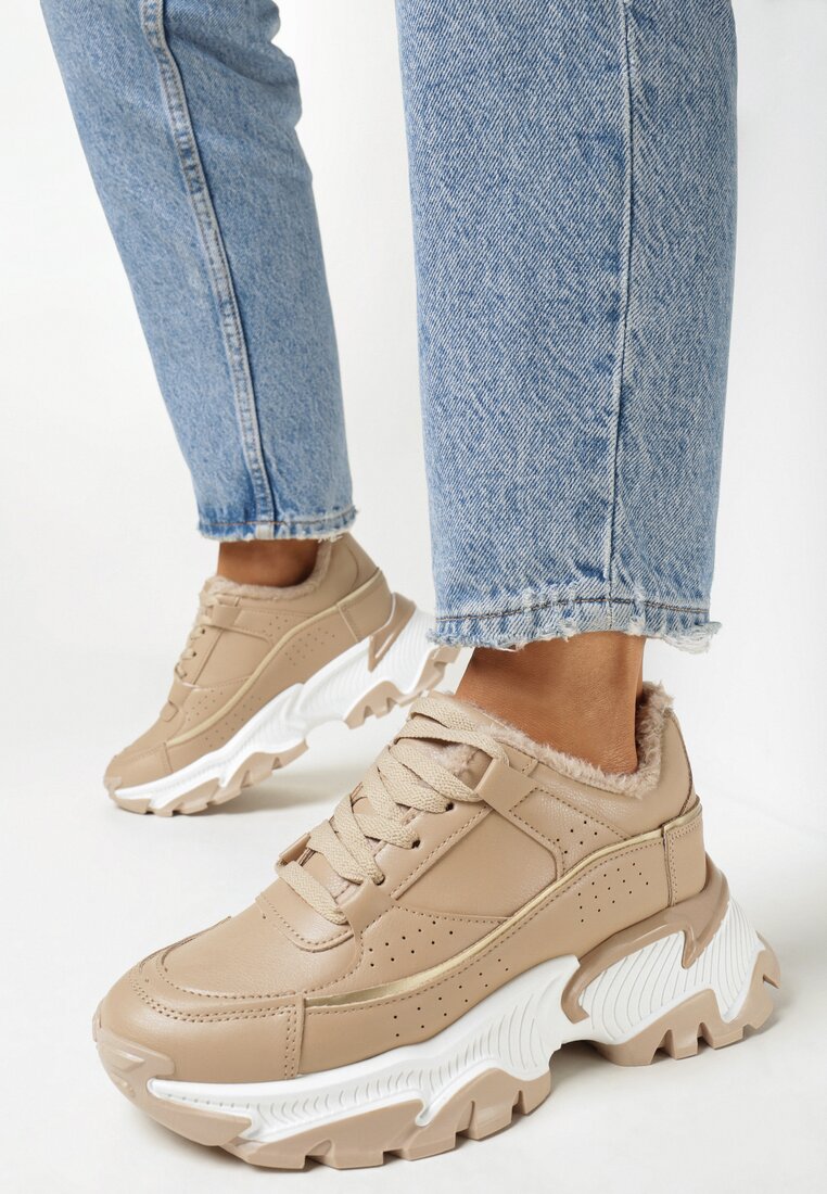 Ciemnobeżowe Sneakersy na Grubej Podeszwie z Futerkiem Minveda