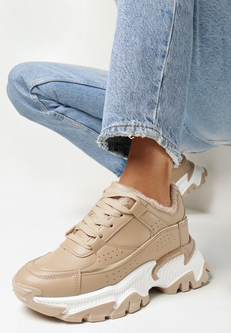 Ciemnobeżowe Sneakersy na Grubej Podeszwie z Futerkiem Minveda