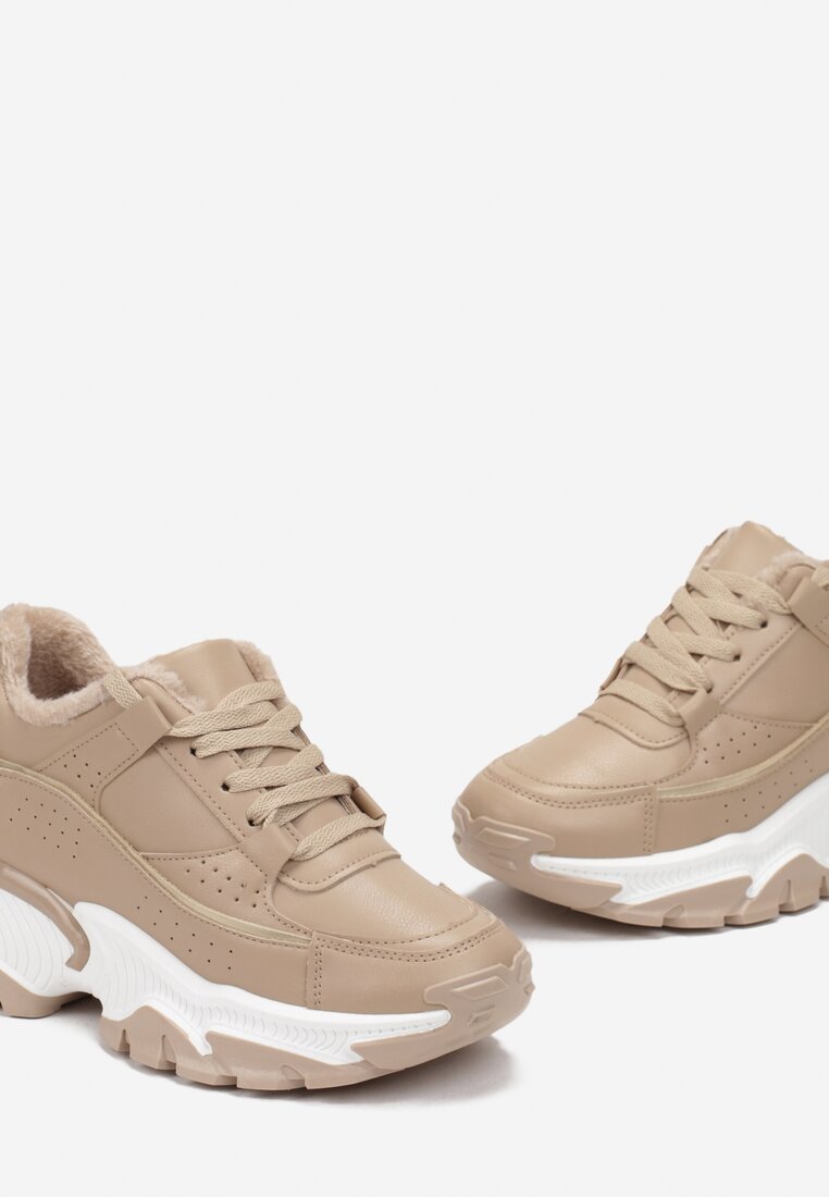 Ciemnobeżowe Sneakersy na Grubej Podeszwie z Futerkiem Minveda