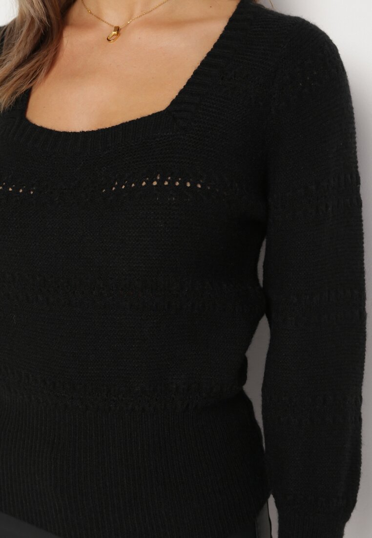 Czarny Sweter z Ozdobnym Ażurowym Wzorem i Ściągaczami Nativi