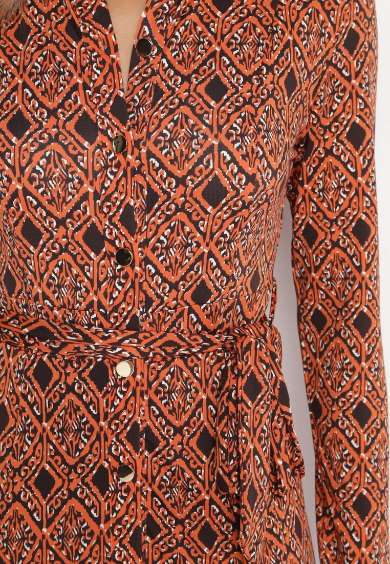 Pomarańczowa Sukienka Midi Zapinana na Guziki z Paskiem w Drobny Print Fidaxa