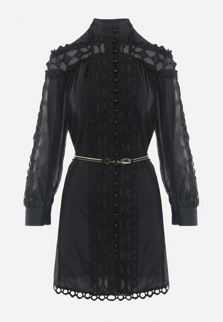 Czarna Koszulowa Sukienka w Stylu Vintage ze Stójką i Paskiem w Talii Glikoma