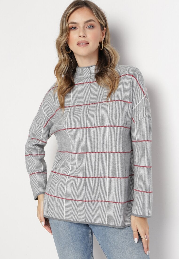 Szaro-Czerwony Sweter Golf ze Wzorem w Kratę Winceha