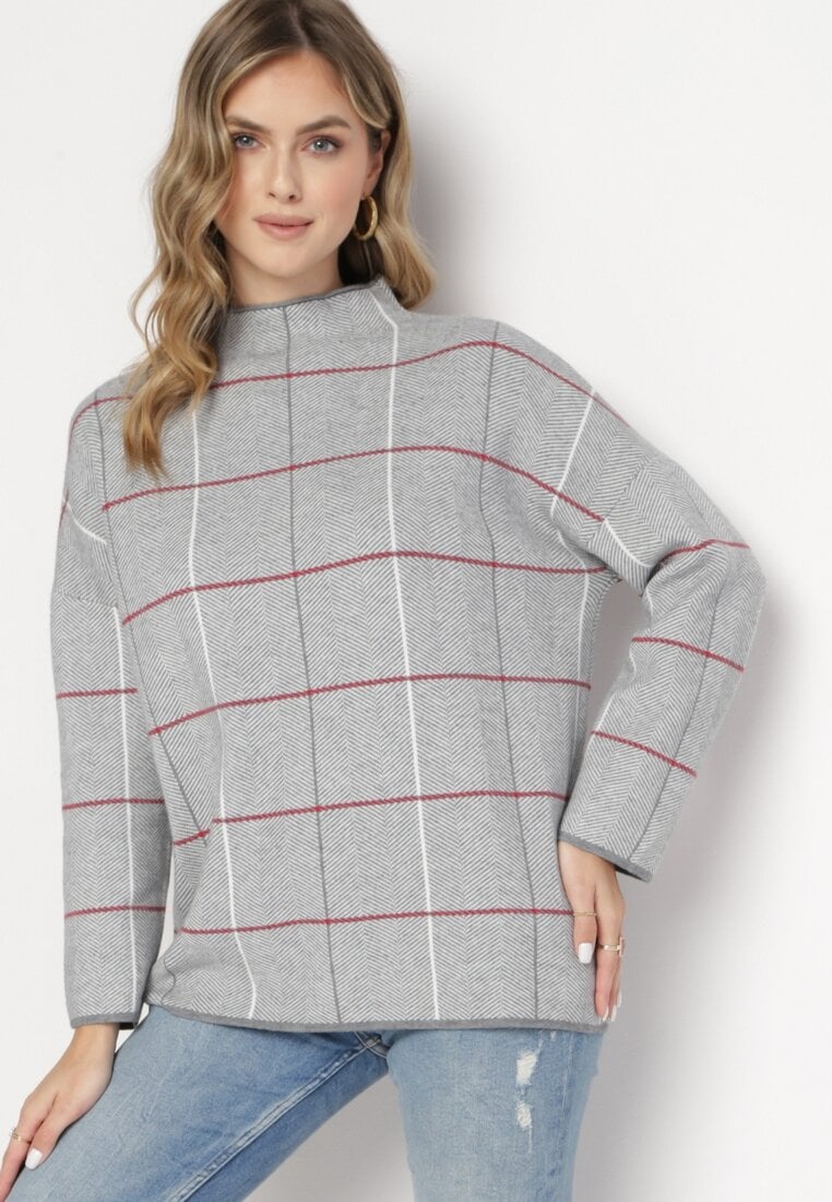 Szaro-Czerwony Sweter Golf ze Wzorem w Kratę Winceha