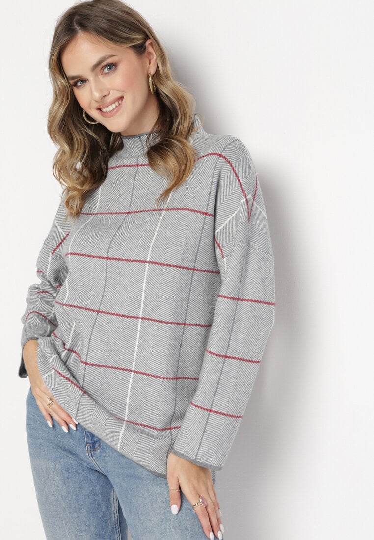 Szaro-Czerwony Sweter Golf ze Wzorem w Kratę Winceha