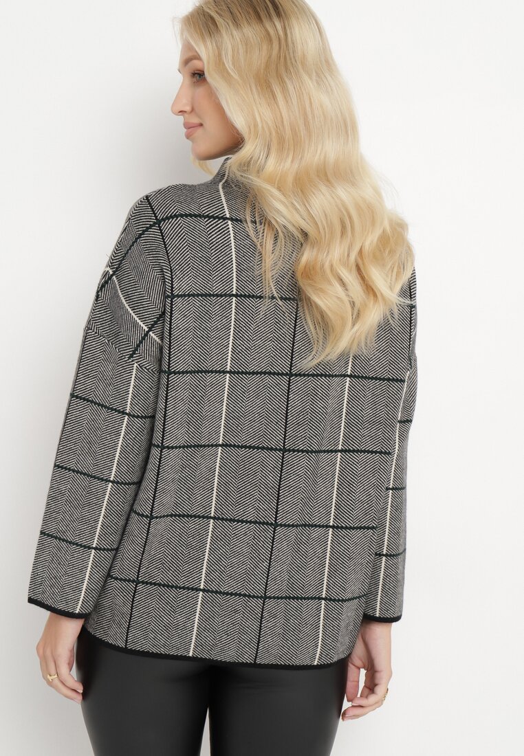Szaro-Czarny Sweter Golf ze Wzorem w Kratę Winceha
