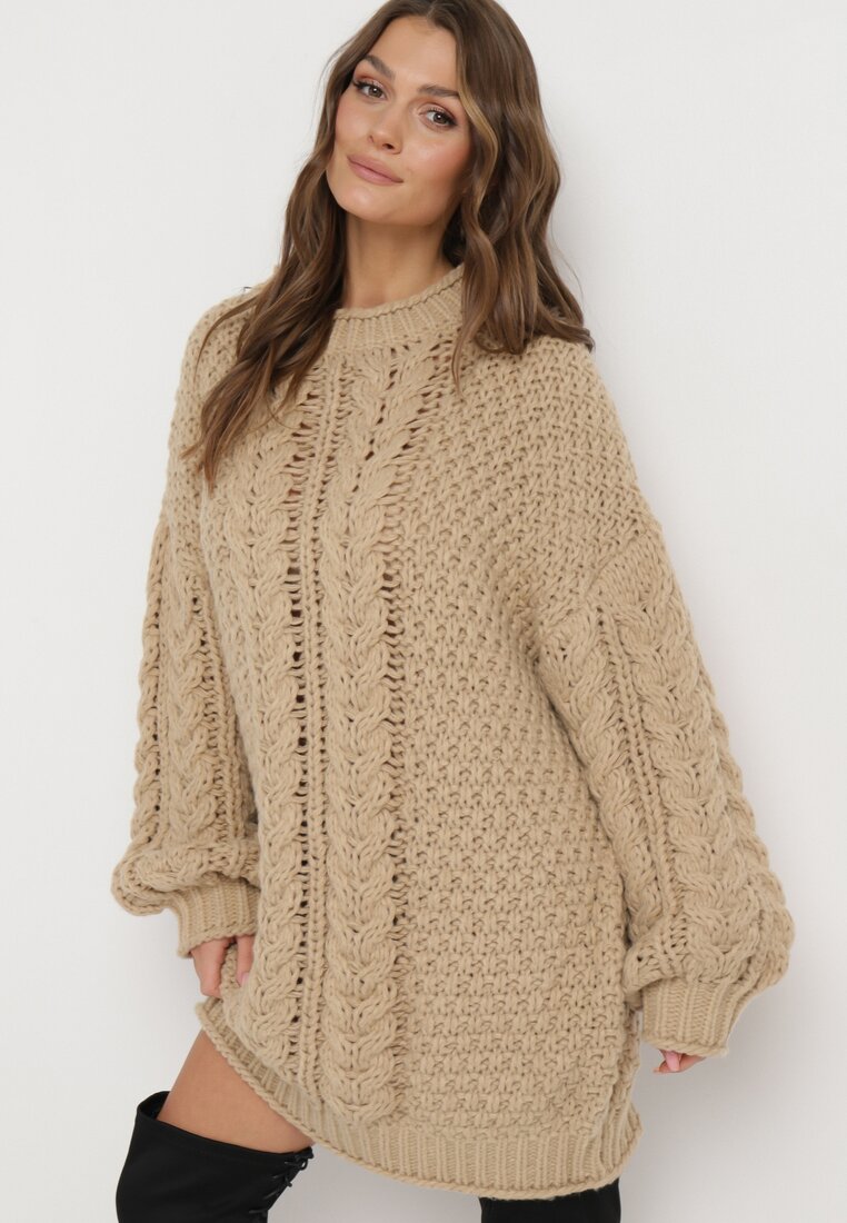 Ciemnobeżowy Sweter Oversize z Szerokim Splotem Voronin