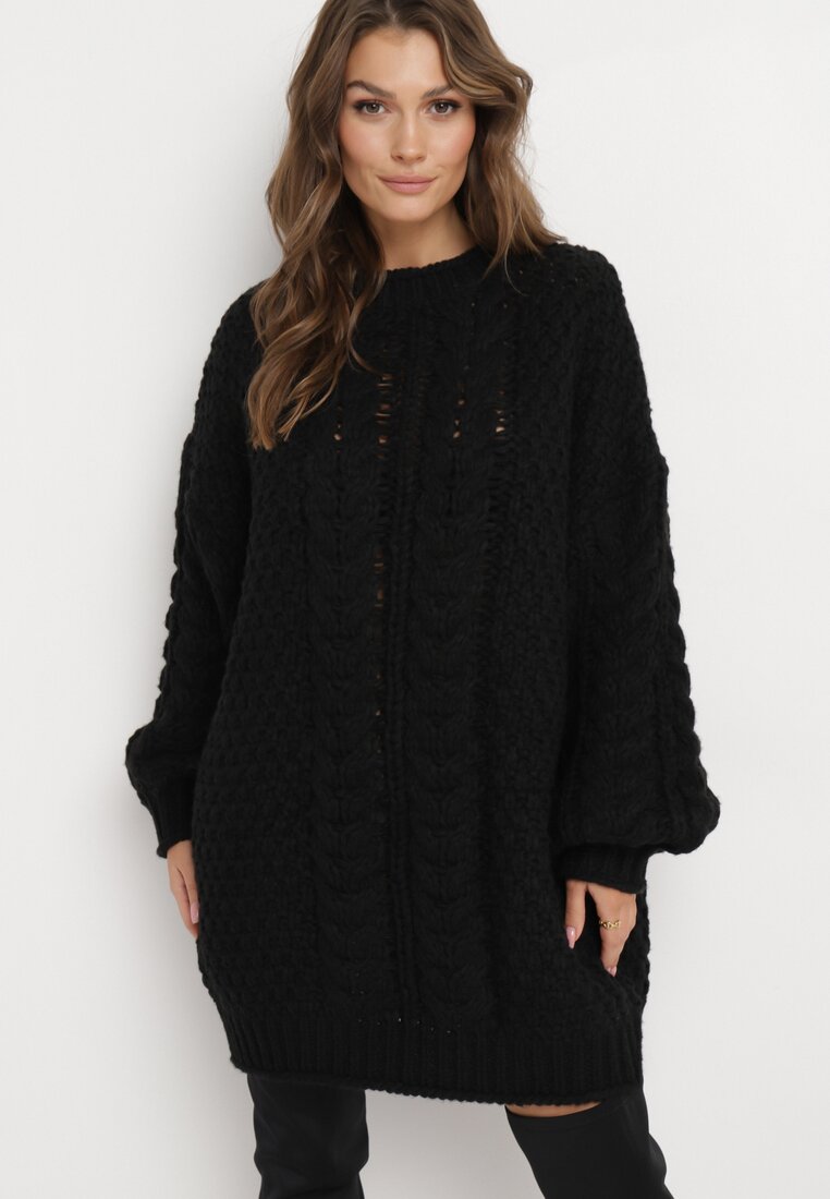 Czarny Sweter Oversize z Szerokim Splotem Voronin