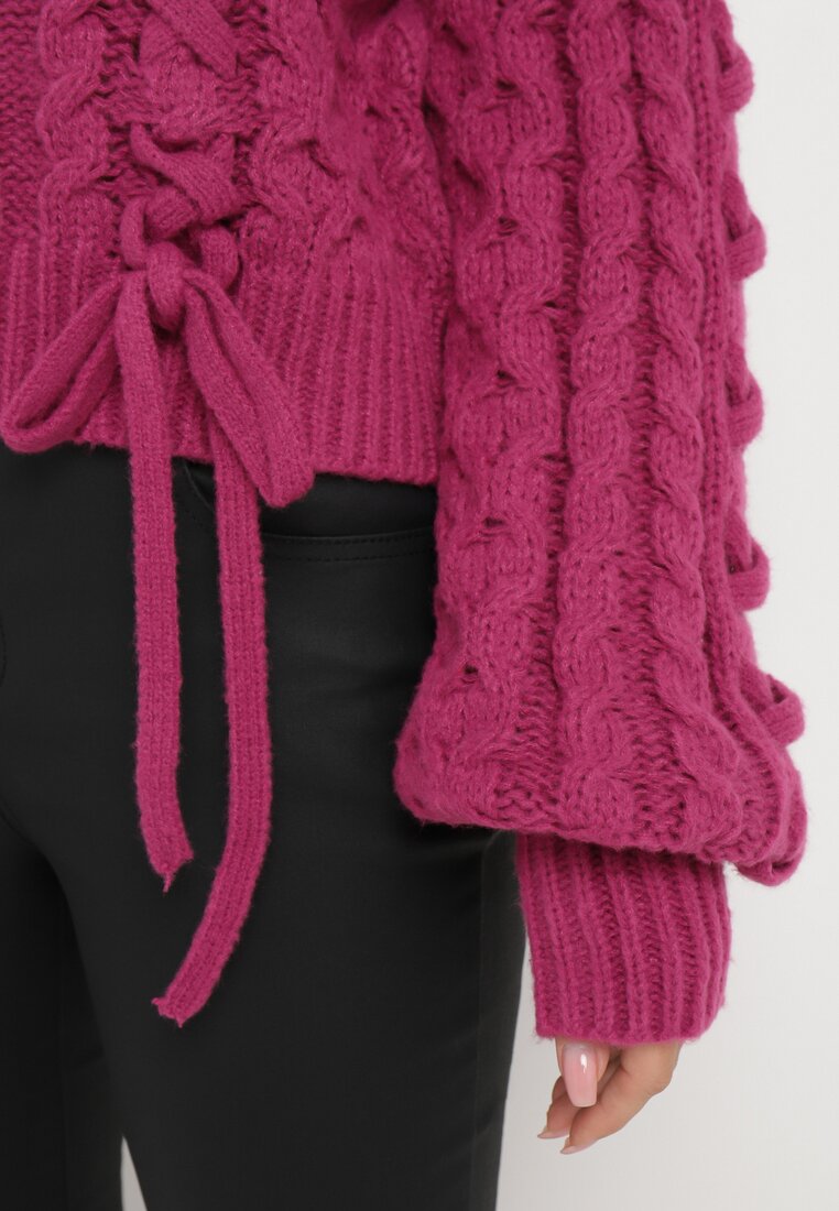 Fuksjowy Klasyczny Sweter ze Ściągaczami i Ozdobnym Sznurowaniem Nabira