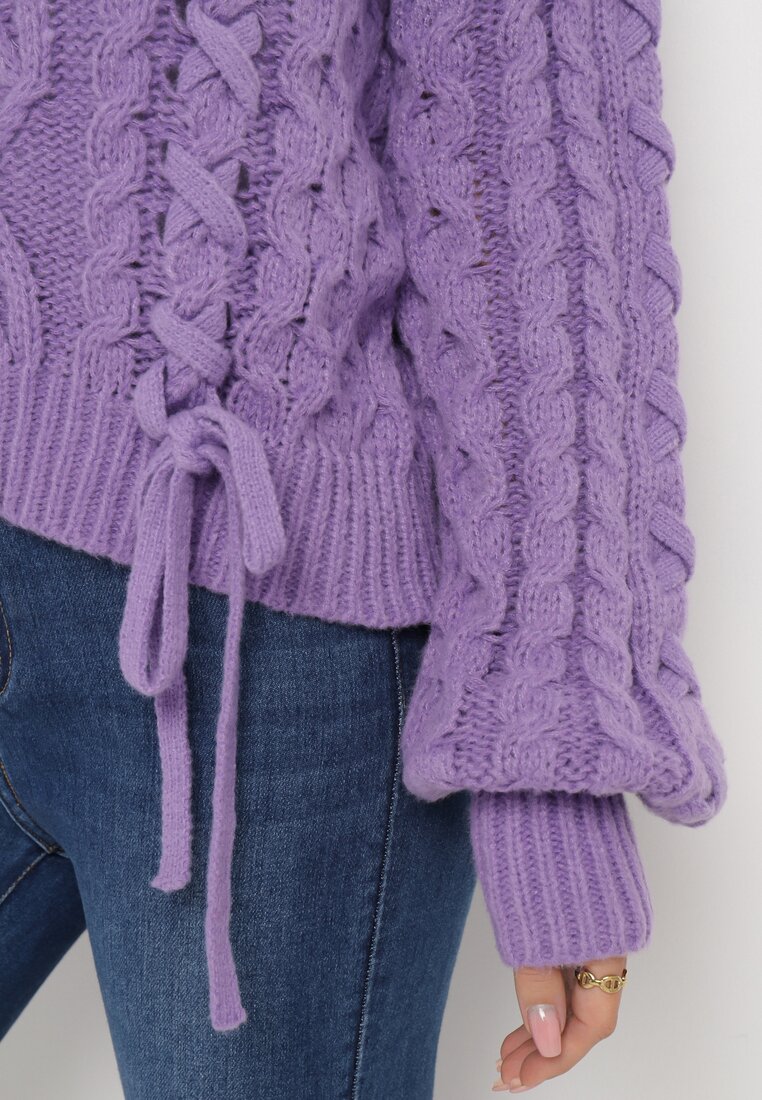 Fioletowy Klasyczny Sweter ze Ściągaczami i Ozdobnym Sznurowaniem Nabira