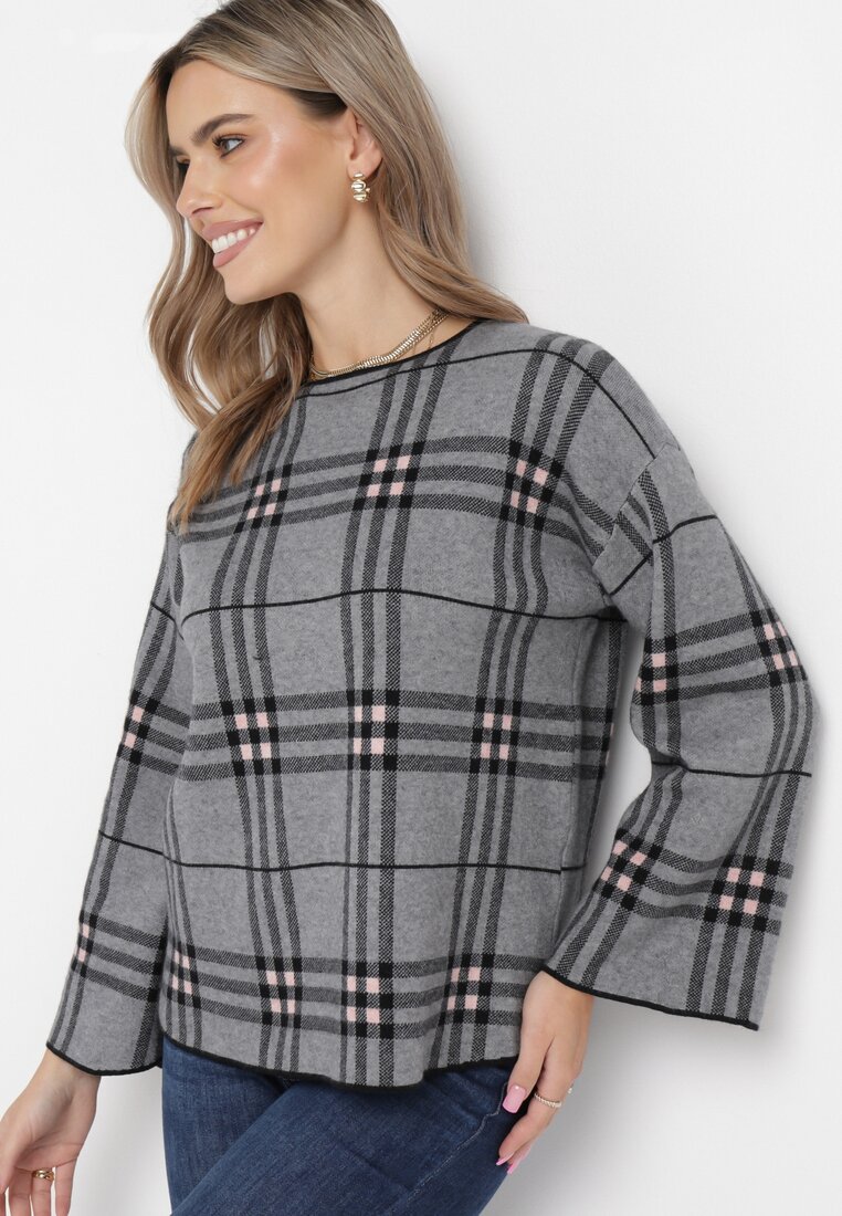 Ciemnoszary Sweter w Kratkę Burberry z Szerokimi Rękawami Gremese