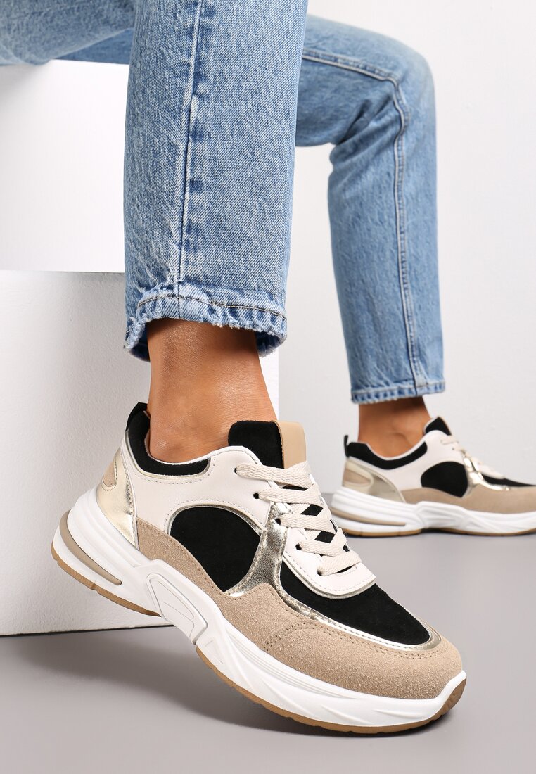 Beżowo-Czarne Sneakersy z Metaliczną Lamówką Ovanaia