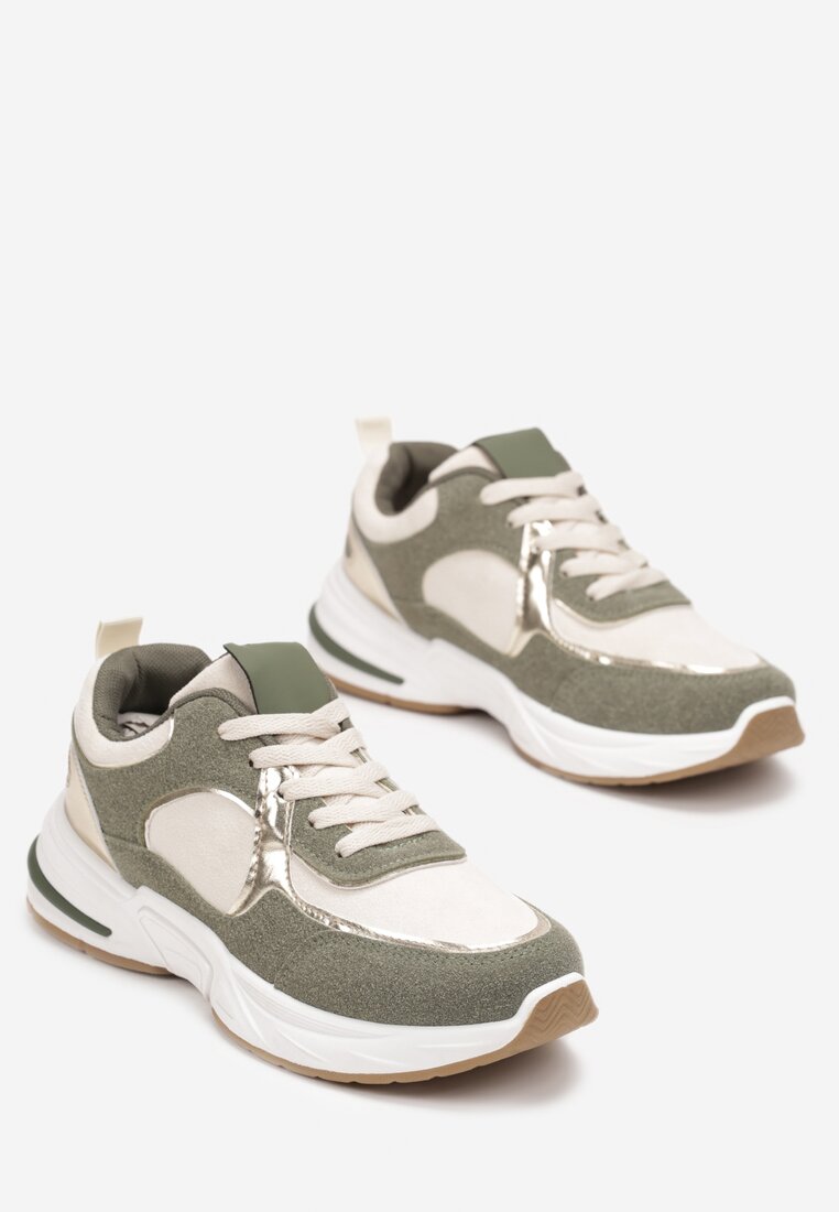 Beżowo-Zielone Sneakersy z Metaliczną Lamówką Ovanaia