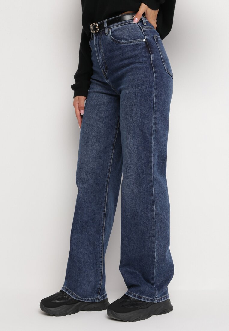 Niebieskie Szerokie Jeansy z Paskiem w Komplecie Miameka