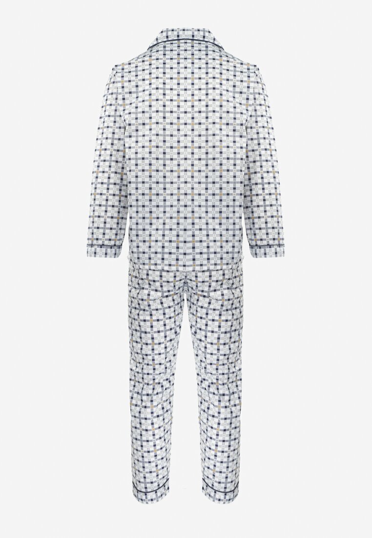 Biała 2-Częściowa Piżama w Geometryczny Wzór Koszula i Szerokie Spodnie z Gumką w Pasie Tewiora