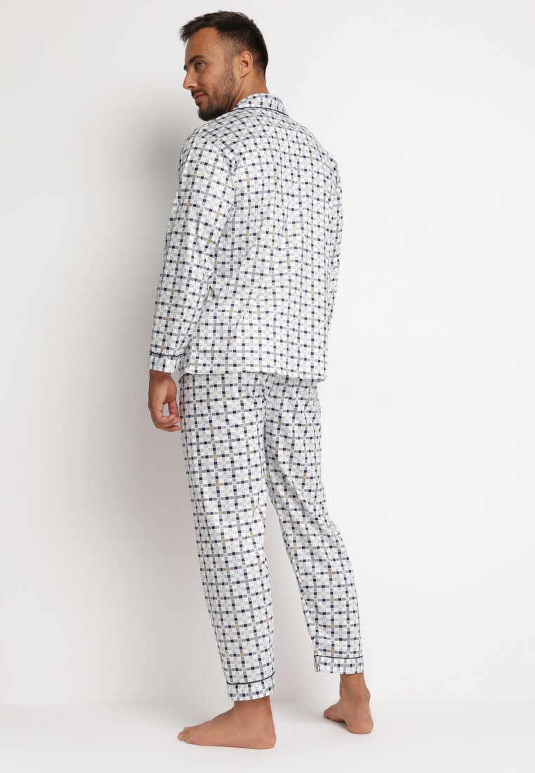 Biała 2-Częściowa Piżama w Geometryczny Wzór Koszula i Szerokie Spodnie z Gumką w Pasie Tewiora
