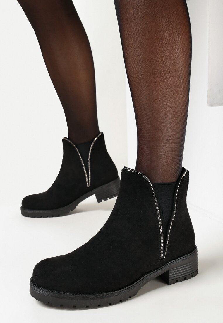 Czarne Botki z Wstawką w Cyrkonie Papines
