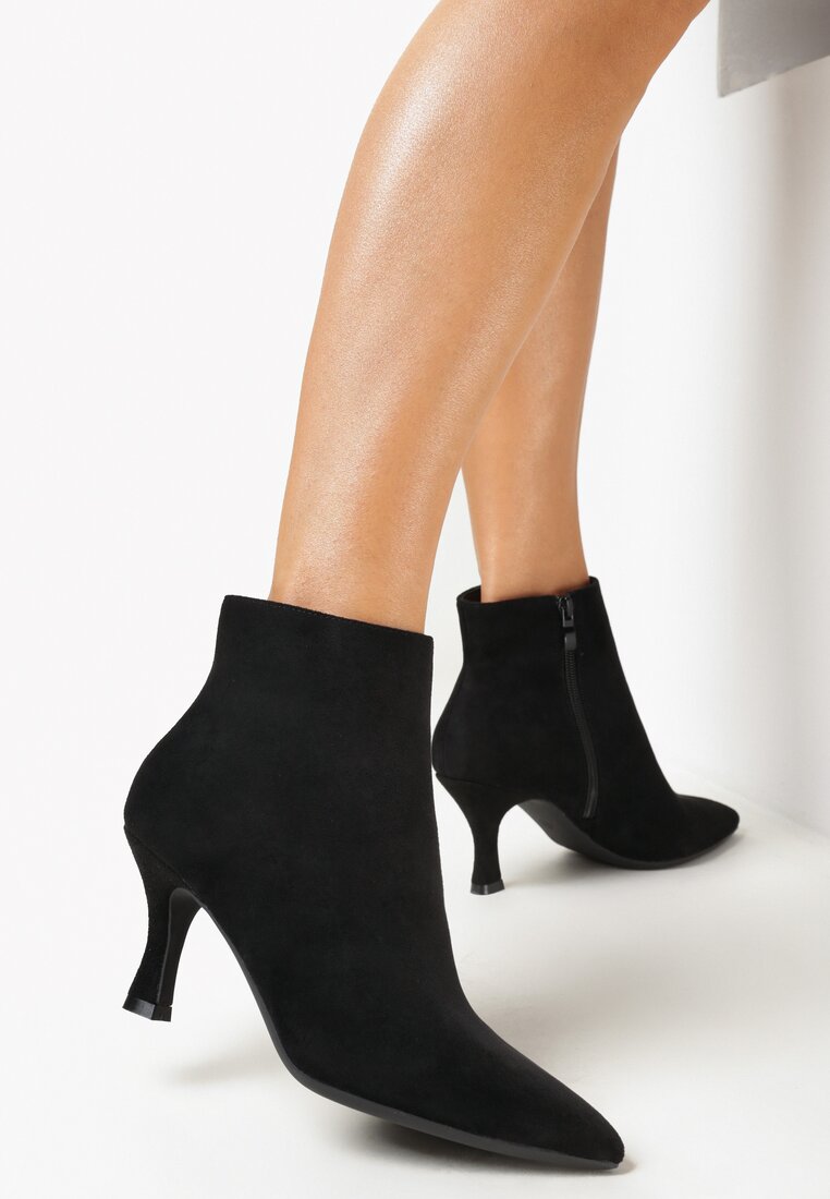 Czarne Botki na Niewysokiej Szpilce z Noskiem w Szpic Lidmea