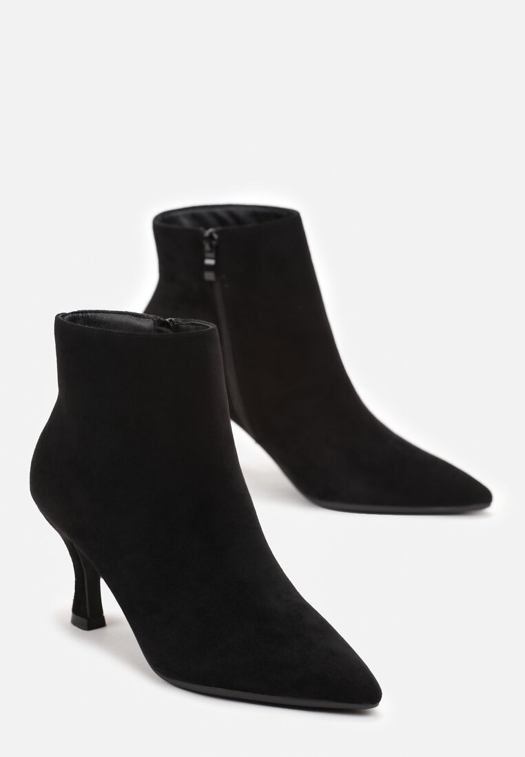Czarne Botki na Niewysokiej Szpilce z Noskiem w Szpic Lidmea
