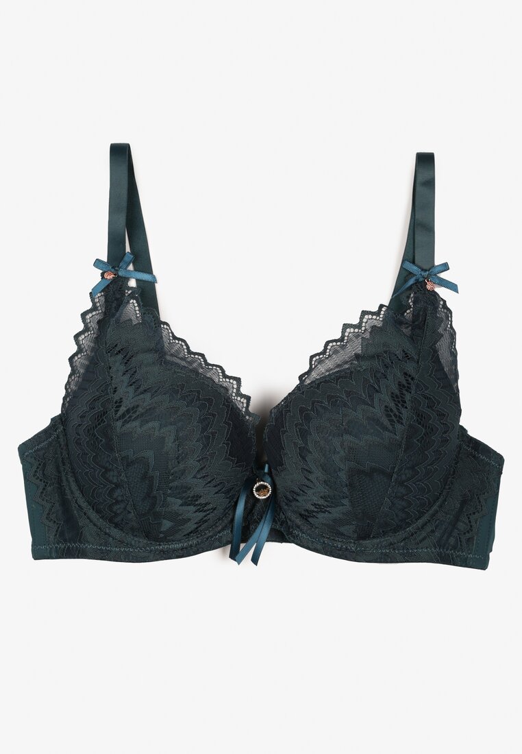 Ciemnozielony Biustonosz Push-Up z Koronką i Kokardkami oraz Ozdobami ze Stali Teofilo